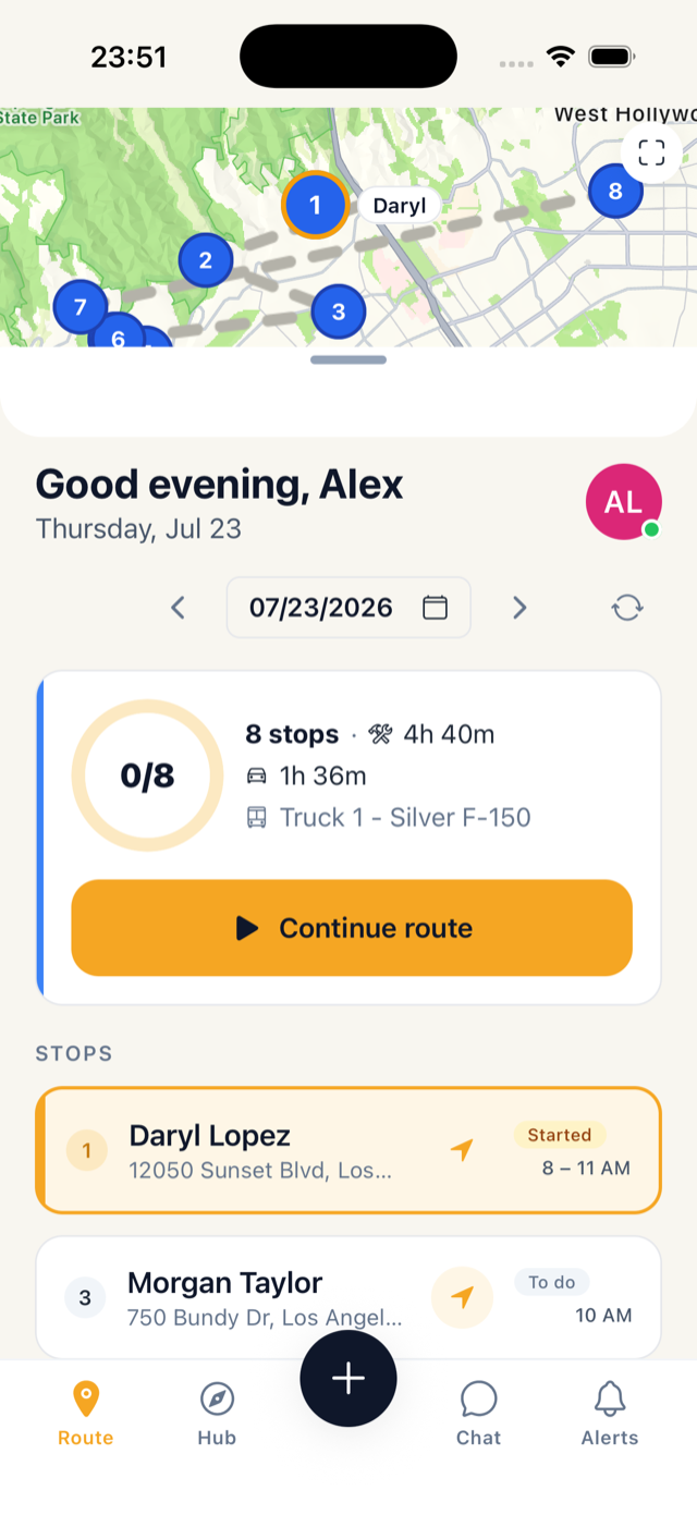 PoolRoute Ops technician route home screen